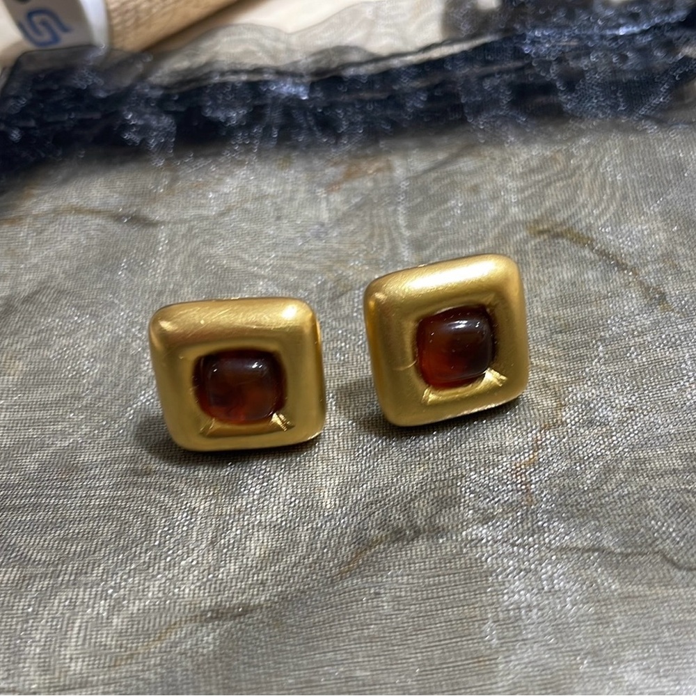 Vintage Givenchy Gold-Tone Faux Amber/Cabochon Clip-on Earrings - Picture 8 of 12